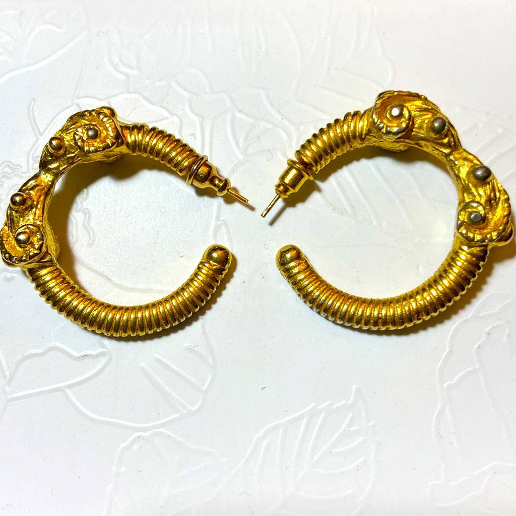 Kenneth Jay Lane Gold Plated Ram Heads Circle Hoop Pierced Earrings